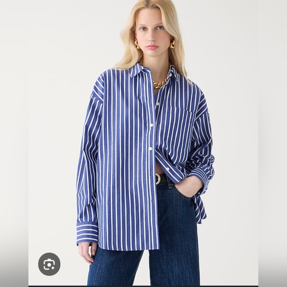 J. Crew Women's Étienne Blue and White Striped Button Down Oversized Shirt - Picture 2 of 7